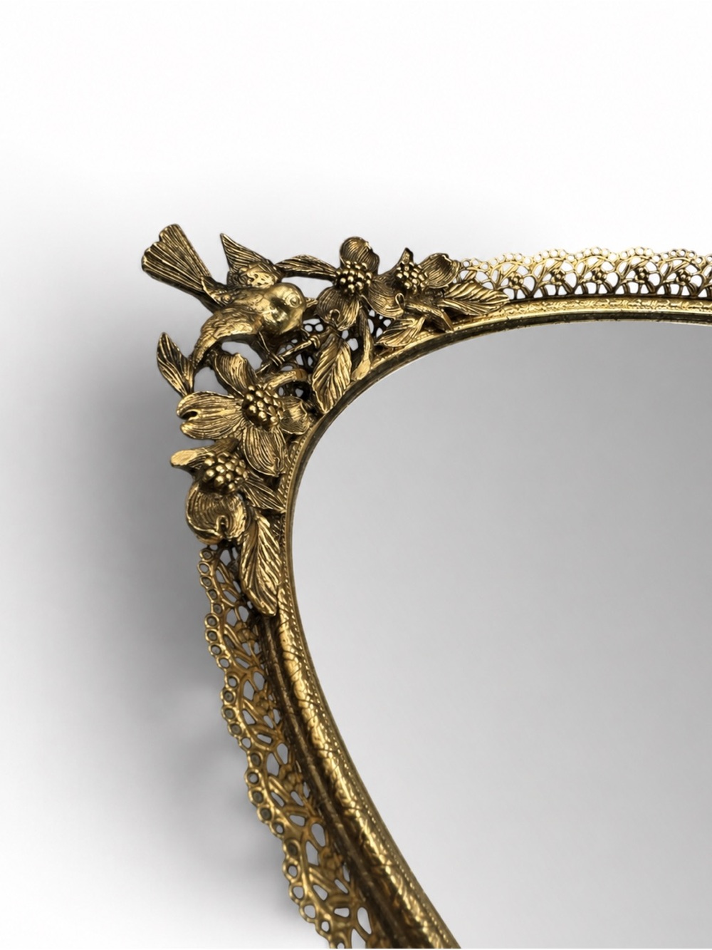 Vintage Matson Gold Ormolu Bird Dogwood Mirrored Vanity Tray Made in USA